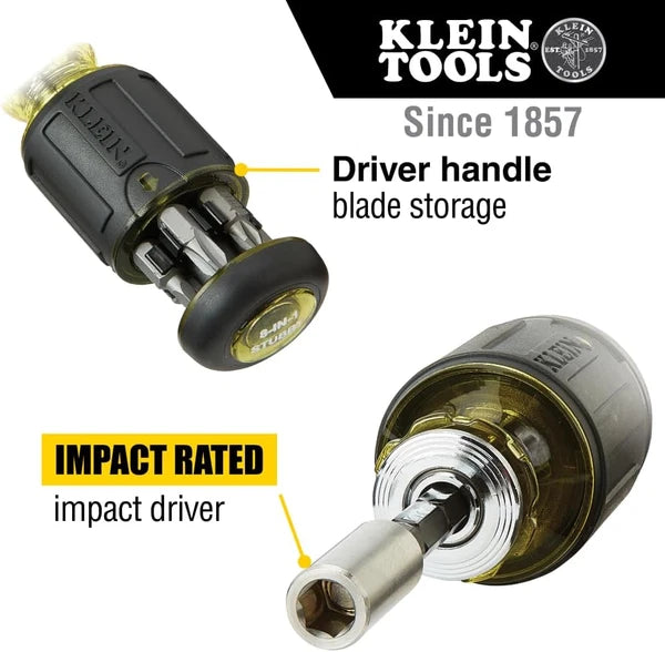 Klein Tools 32308 Multi-Bit Stubby Screwdriver, Impact Rated 8-In-1 Adjustable M