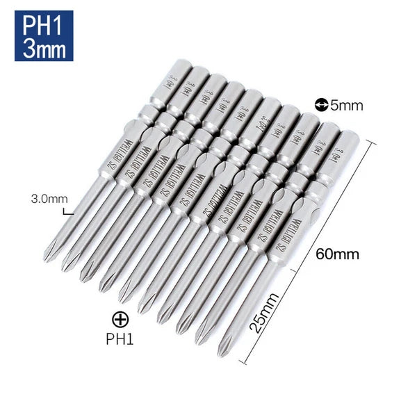 10Pc PH0 PH1 PH2 Phillips Head Screw Bit Set Impact Driver Drill 5mm Round Shank