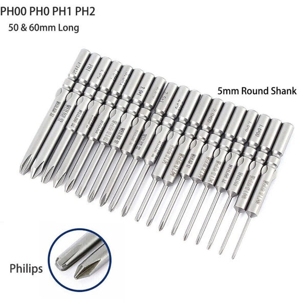 10Pc PH0 PH1 PH2 Phillips Head Screw Bit Set Impact Driver Drill 5mm Round Shank