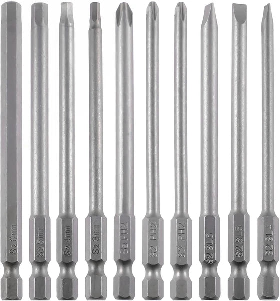 3-In-1 Assorted Long Screwdriver Bit Set Hex Slotted Phillips 10PCS 1/4 Inch He