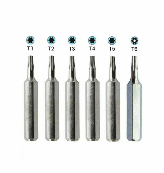 Micro Torx Bits Set 6pc 5/32 Inch Hex Shank T1 T2 T3 T4 T5 T6 Screwdriver Bits