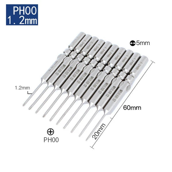 10Pc PH0 PH1 PH2 Phillips Head Screw Bit Set Impact Driver Drill 5mm Round Shank