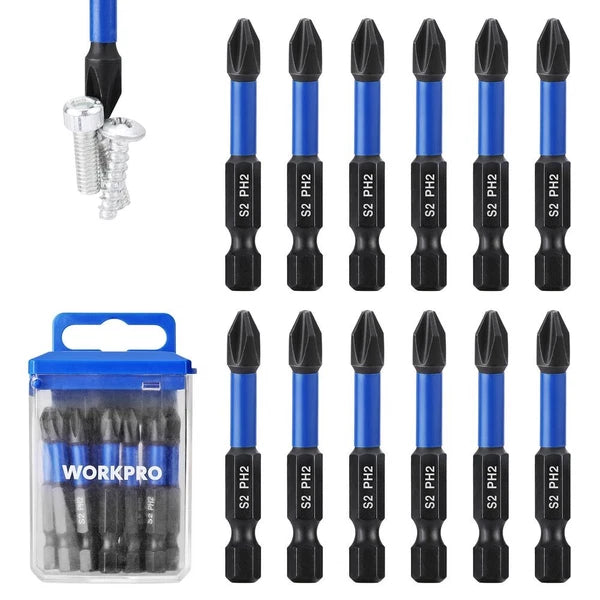 WORKPRO PH2 Impact Phillips Screwdriver Bit Set 12PCS 1/4" Hex-Shank Driver Bits