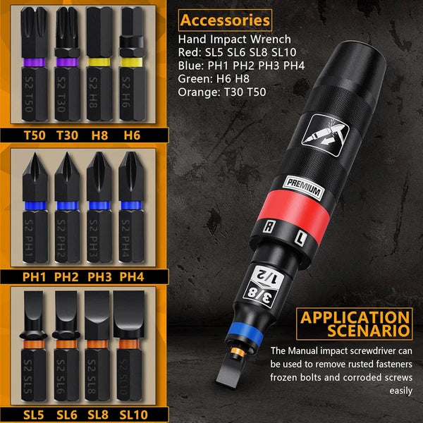 1/2" Hand Manual Reversible Impact Driver Set, 13 PCS Impact Screwdriver Kit, S2