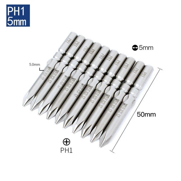 10Pc PH0 PH1 PH2 Phillips Head Screw Bit Set Impact Driver Drill 5mm Round Shank