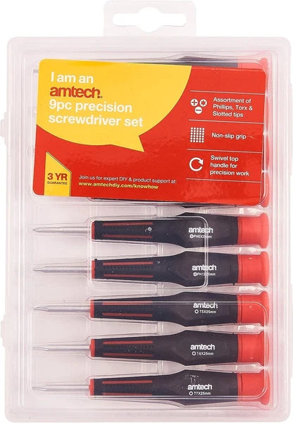 Amtech 9Pc Precision Screwdriver Set Slotted Phillips & Torx Storage Case L0475