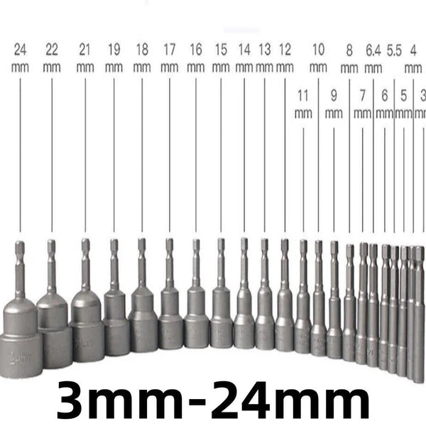 Shank Nut Driver Bit Set Hex Magnetic Metric Socket Impact Drill 3mm-24mm 1/4"