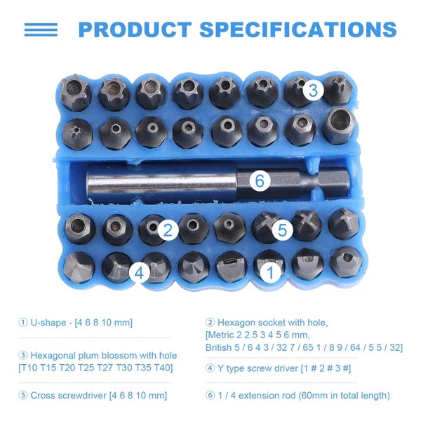 33 Pcs Hexagon Bit Security Screw Set Tamper Proof Extension Bits