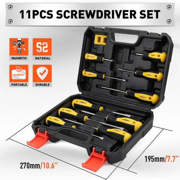 11-piece Magnetic Screwdriver Set with Case, 5 Phillips & 5 Flat Head Tips