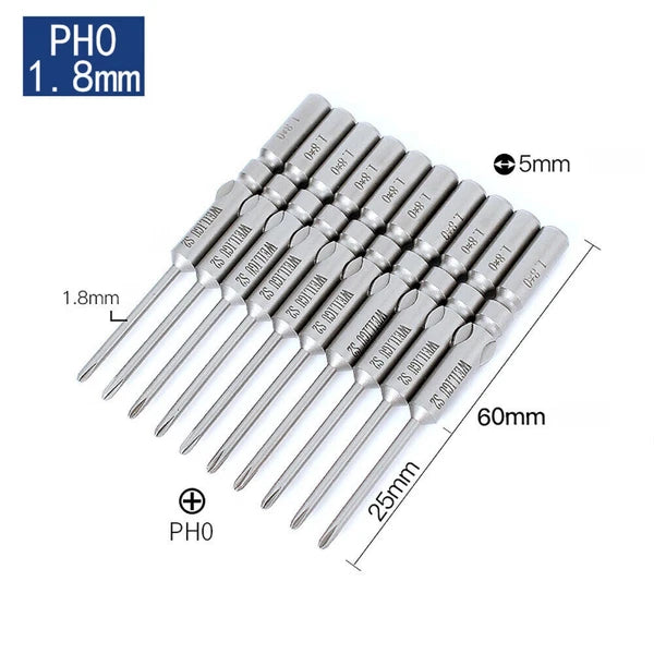 10Pc PH0 PH1 PH2 Phillips Head Screw Bit Set Impact Driver Drill 5mm Round Shank