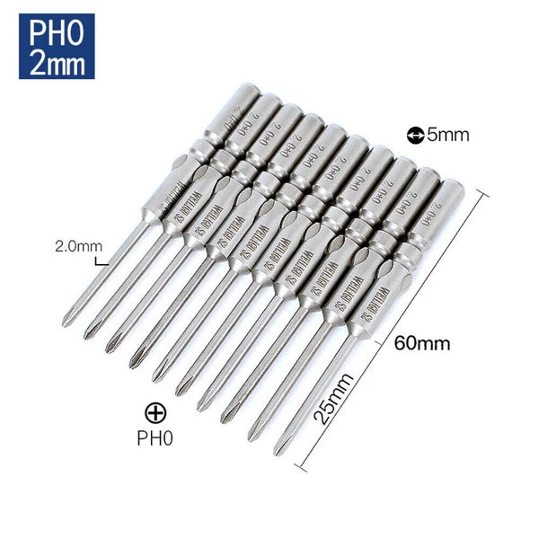 10Pc PH0 PH1 PH2 Phillips Head Screw Bit Set Impact Driver Drill 5mm Round Shank