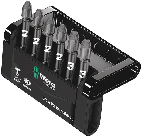 Wera 057692 Impaktor 6 Piece 50mm Long Pozi Impact Screwdriver Bit Set PZ2 & PZ3