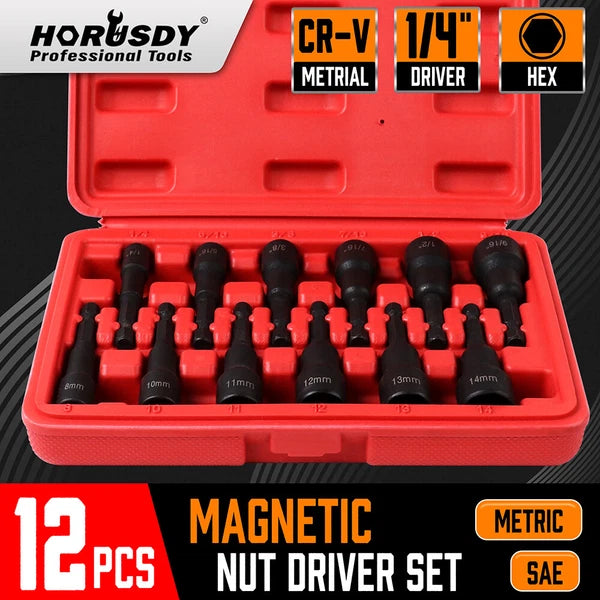 12pc Magnetic Nut Driver Setter Bit Nut Driver MM & SAE 1/4" Shank Quick Change