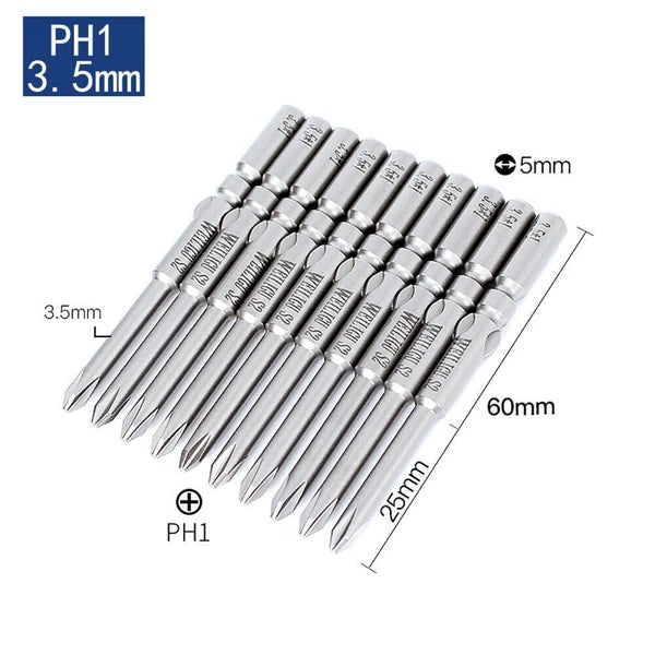 10Pc PH0 PH1 PH2 Phillips Head Screw Bit Set Impact Driver Drill 5mm Round Shank