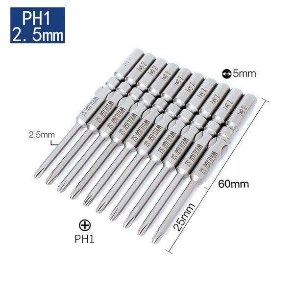 10Pc PH0 PH1 PH2 Phillips Head Screw Bit Set Impact Driver Drill 5mm Round Shank