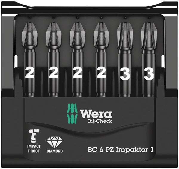 Wera 057692 Impaktor 6 Piece 50mm Long Pozi Impact Screwdriver Bit Set PZ2 & PZ3