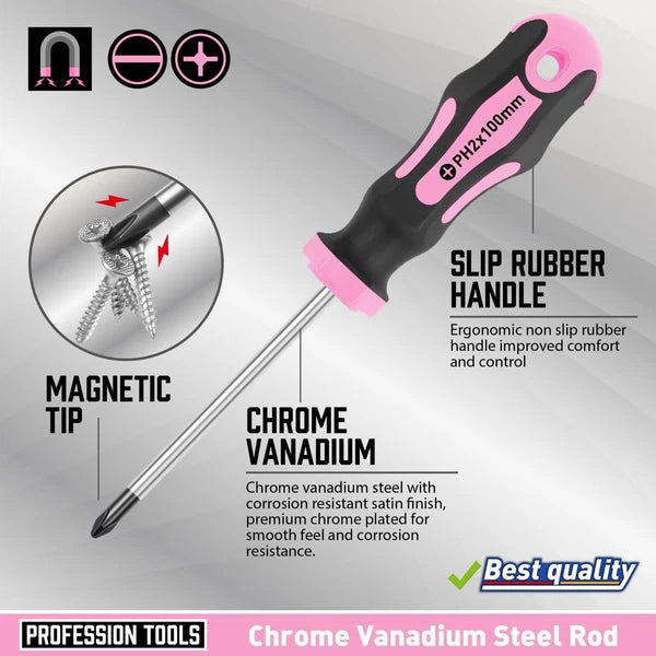 10- Piece Magnetic Screwdrivers Set, 5 Phillips and 5 Slotted Tips, Cushion Grip