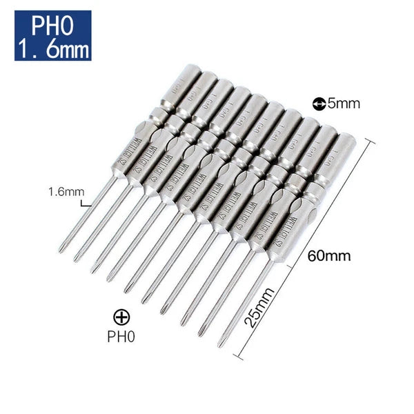 10Pc PH0 PH1 PH2 Phillips Head Screw Bit Set Impact Driver Drill 5mm Round Shank
