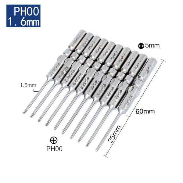 10Pc PH0 PH1 PH2 Phillips Head Screw Bit Set Impact Driver Drill 5mm Round Shank
