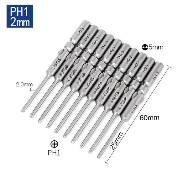 10Pc PH0 PH1 PH2 Phillips Head Screw Bit Set Impact Driver Drill 5mm Round Shank