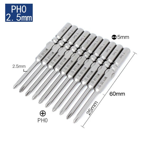 10Pc PH0 PH1 PH2 Phillips Head Screw Bit Set Impact Driver Drill 5mm Round Shank