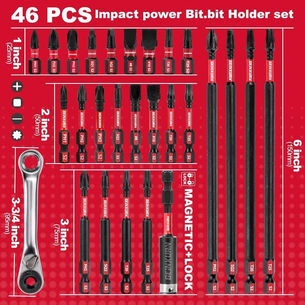 46Pc Magnetic Impact Driver Bit Set S2 Steel with Bit Holder and Wrench