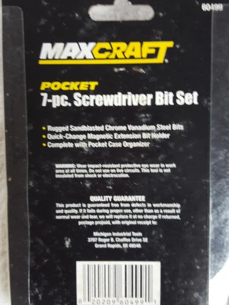 Maxcraft Pocket 7 piece screwdriver bit set new with case Chrome bits & holder