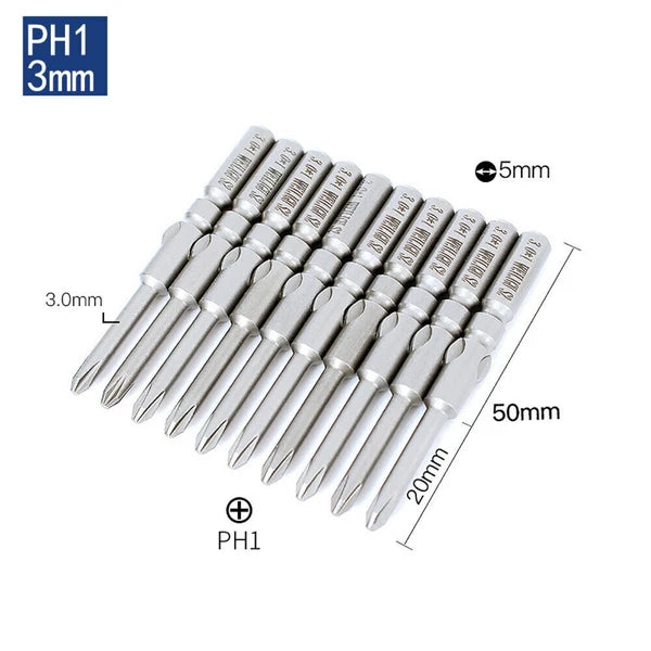 10Pc PH0 PH1 PH2 Phillips Head Screw Bit Set Impact Driver Drill 5mm Round Shank