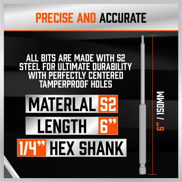 32 Pcs 1/4" Shank Extra Long Security Power Bit Set 6" Tamper Proof S2 Steel.